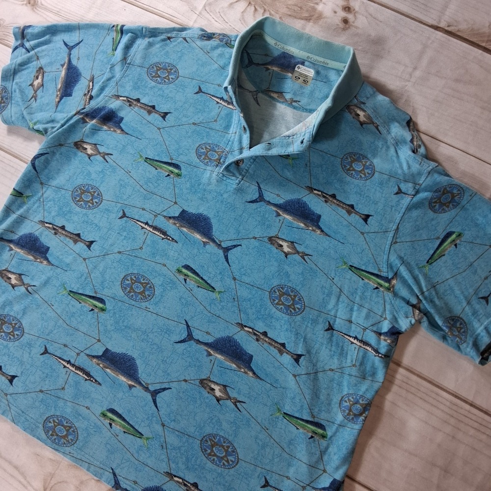 Columbia Mens XL Blue Marlin Fish Net All Over Print Short Sleeve Polo Shirt Top